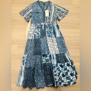 S/M. NWT. Sacred Threads Blue and White Patchwork Cotton Dress. RD/RD.